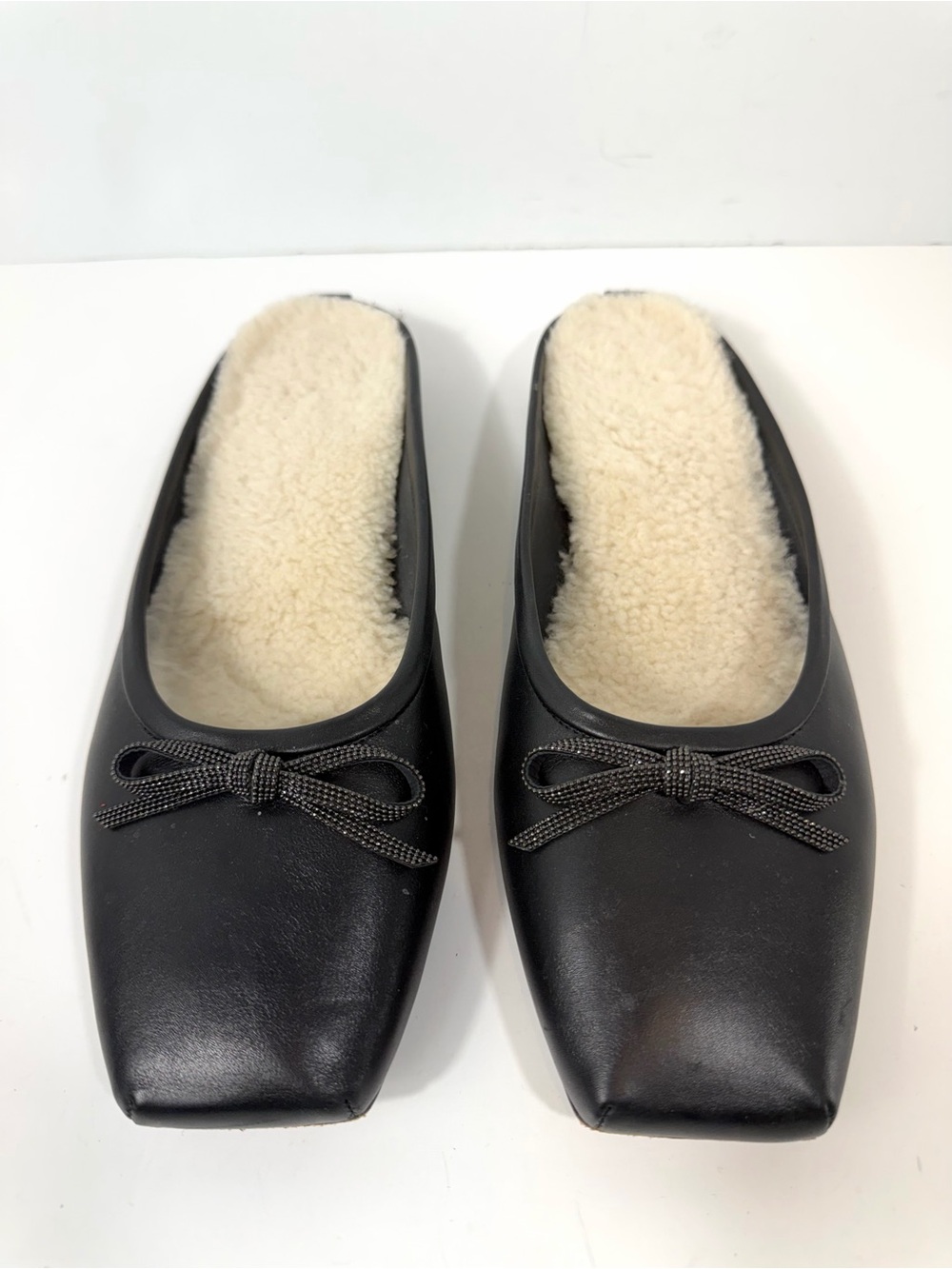 BRUNELLO CUCINELLI Monili Bow Leather Shearling Mules Flats IT 39.5 Black